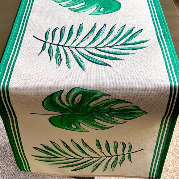 72" Table Runner Green Beige Tropical Leaves Monstera Leaf Palm Frond New - Picture 2 of 4